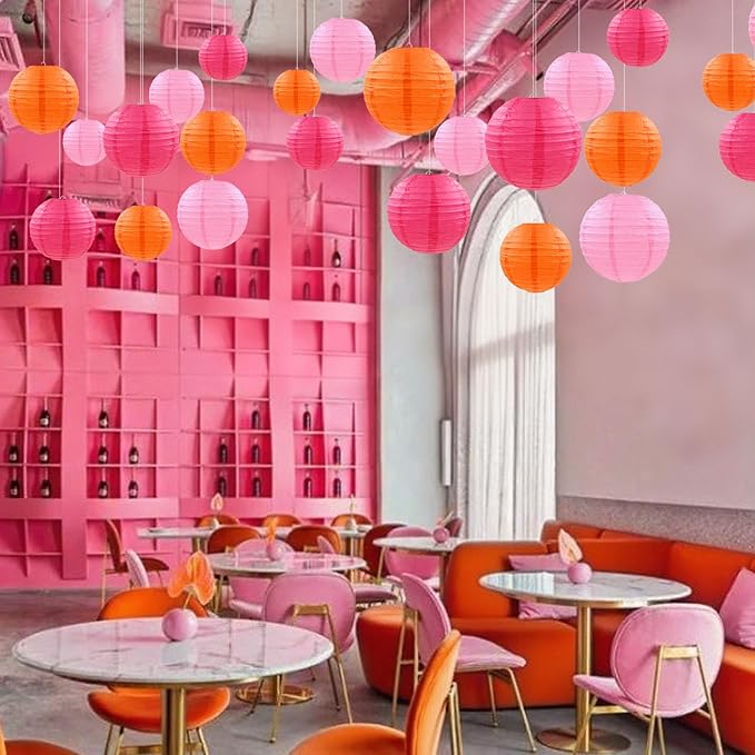 12 Pcs Pink Orange Paper Lanterns Decorative Round Hanging Lanterns for Birthday Baby Shower Wedding Graduation Fall Autumn Thanks Giving Party Decoration