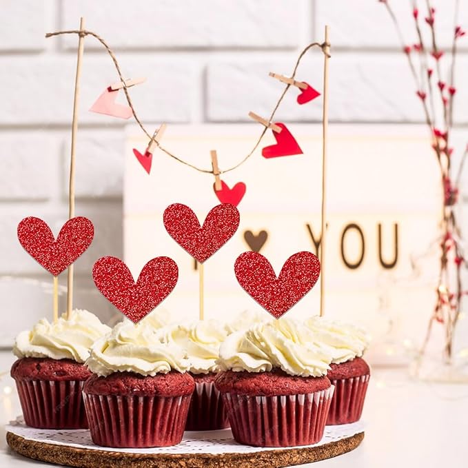 24Pcs Glitter Red Heart Cupcake Toppers for Valentine's Day Decorations, Mixed Size Double-Sided Heart Valentine's Day Cupcake Toppers for Wedding Bridal Shower Party Decorations (Red)
