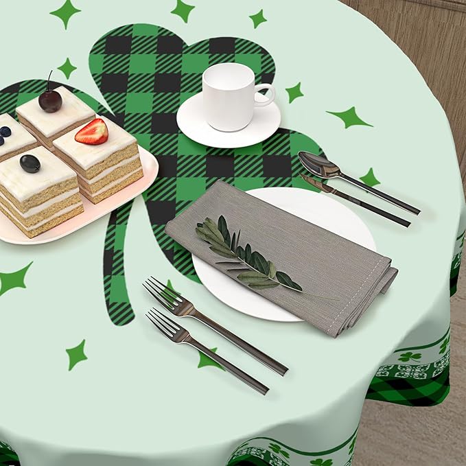 St Patricks Tablecloth Round 70 Inch Green Shamrock Tablecloth Buffalo Plaid Clover Table Cloth Farmhouse St Patrick's Day Tablecloth for Kitchen Holiday Picnic Party Dinner Room Outdoor Decor