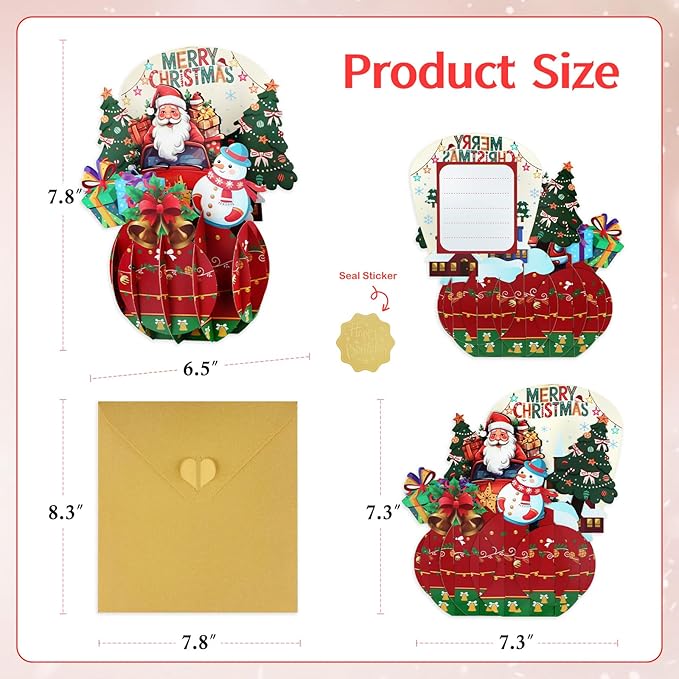 FaCraft Pop Up Christmas Card - with Envelope and Seal, Handmade 3D Merry Christmas Gift for Winter, Holidays, New Year (Santa Driving Truck)