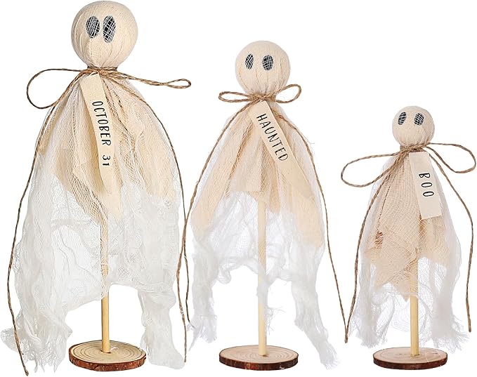Summerween Decoration Halloween Decorations Indoor - 3 Set of Primitive Ghosts on Wooden Stand for Table Centerpieces Tiered Trays Shelves Mantels Home Halloween Décor