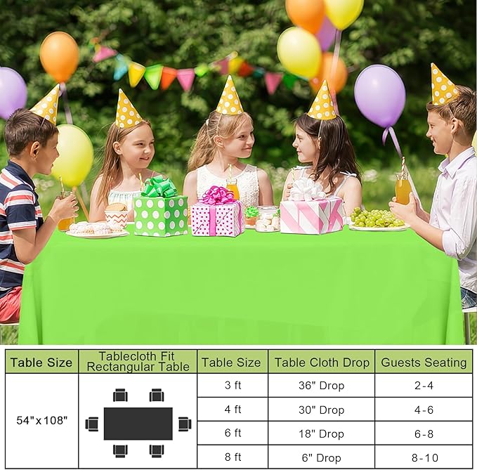 Smiry Disposable Table Cloth - 10 Pack, 54 x 108 Inch Waterproof Rectangle Tablecloths for Parties, Decorative Plastic Table Cover, Leakproof & Sturdy, Lime Green