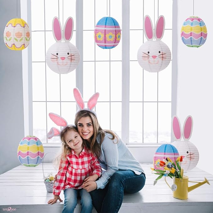 UNIQOOO 9PCS Easter Party Decorations Supplies Eggs Bunny Paper Lanterns Set For Kids, Reuseable 10’’ Pastel Color Hanging Lantern Decor for Home Outdoor Yard Tree Religious Easter Hunt Party Favors