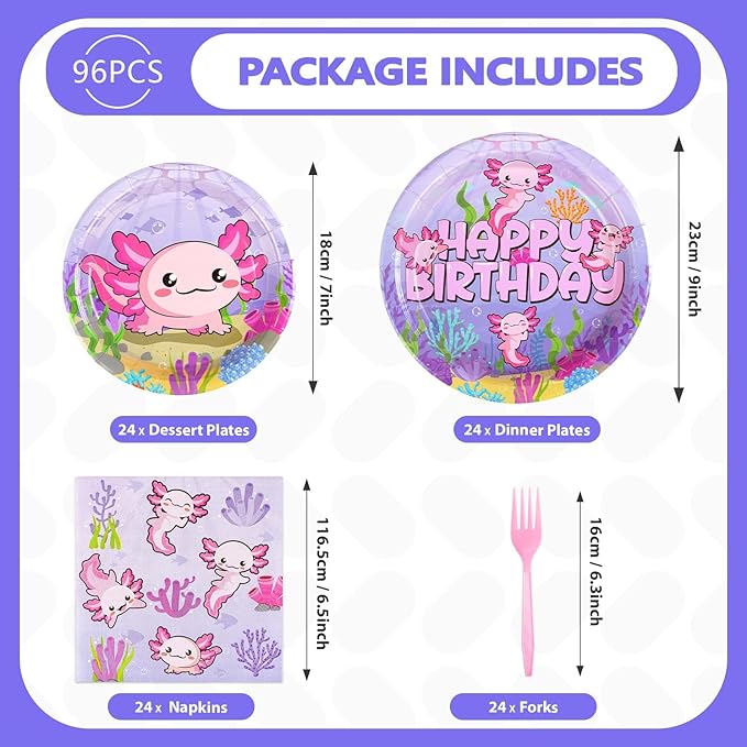 96Pcs Axolotl Birthday Party Supplies Pink Cartoon Axolotl Party Plates and Napkins Tableware Sets Reptile Animals Axolotl Party Decorations for Kids Girls Baby Shower Party Favors, Serves 24