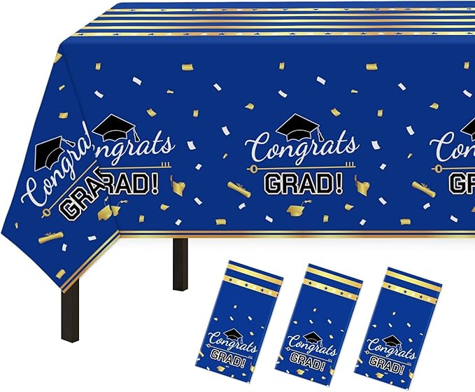 Childom 3 Pack Graduation Tablecloth,Graduation Decorations Class of 2026 Graduation Party Decorations,54"x108" Blue and Gold Plastic Table Cloth Disposable Rectangle for Home,School,Party Supplies