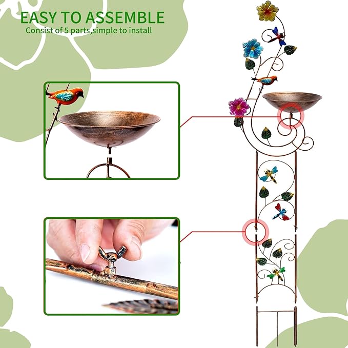 57" Height Metal Bird Bath with Trellis for Outdoor, Vintage Decorative Bird Baths, Small Garden Plant Support, Antique BirdBath for Climbing Plants with Detachable Iron Bowl (Dragonfly)