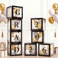 Ledido 2026 Graduation Balloon Boxes Decorations, 4 Pieces Black Clear Grad Balloon boxes with Letters, Class of 2026 Graduation Party Supplies for College, High School, Prom, Birthday, Baby Shower