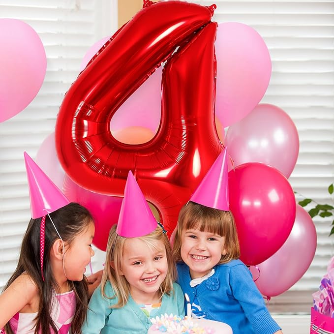 Red Number 4 Balloon 40 Inch, Big Large Foil Helium Number Balloons, Jumbo Giant Mylar Number 4 Balloons for 4 Year Old Birthday Red Party Decorations Supplies Anniversary