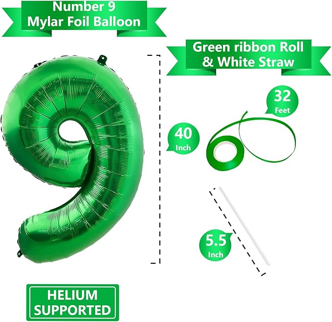 Number Balloons Green Party Balloon - Giant Number 9 Balloon, 40 Inch Large Balloon for St. Patrick's Day Games Theme Birthday Decoration, Girls Boys Party Supplies