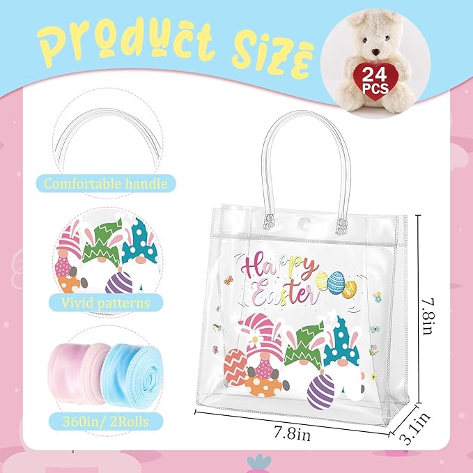 Henoyso 24 Pcs Easter Clear Gift Bags with Handles Plastic Treat Goodie Candy Bags Reusable PVC Party Favor Tote with Ribbon for Easter Birthday Party Gift Wrapping, 7.8 x 7.8 x 3.1 Inches