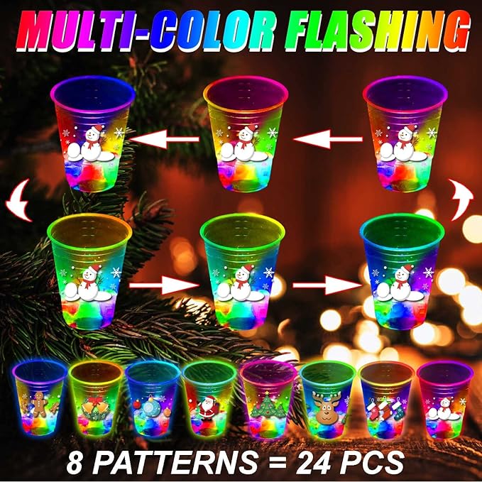 mishunyus 24 Pcs Christmas Party Cups, Glow Christmas Theme Cups, for Holiday Party Supplies, for Nighttime Fun, BBQ, Holiday Decor, with 8 pattern