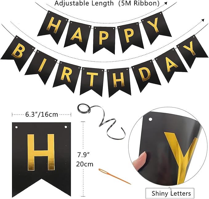 Happy Birthday Banner, Flag Bunting for Birthday Backdrop Decor, Happy Birthday Sign Party Supplies for Girls Boys Kids and Women Party Hanging Decor (Black&Gold)