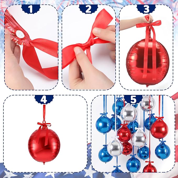 20 Pcs Large Red Blue Silver Metallic Foil Balloons 22 Inch Independence Day Giant 4d Round Ball Balloons with Ribbions for 250th Anniversary Birthday Wedding Baby Shower Tea Party Decor