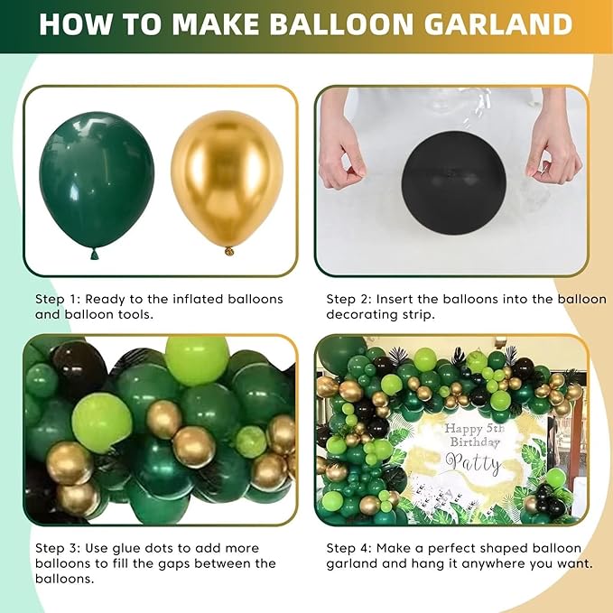 Green and Gold Balloon Arch Garland Kit, Metallic Gold and Latex Dark Green Balloons Different Sizes 18/12/10/5 inch for Wedding Birthday Graduation Anniversary Jungle Safari Themed Party Decorations