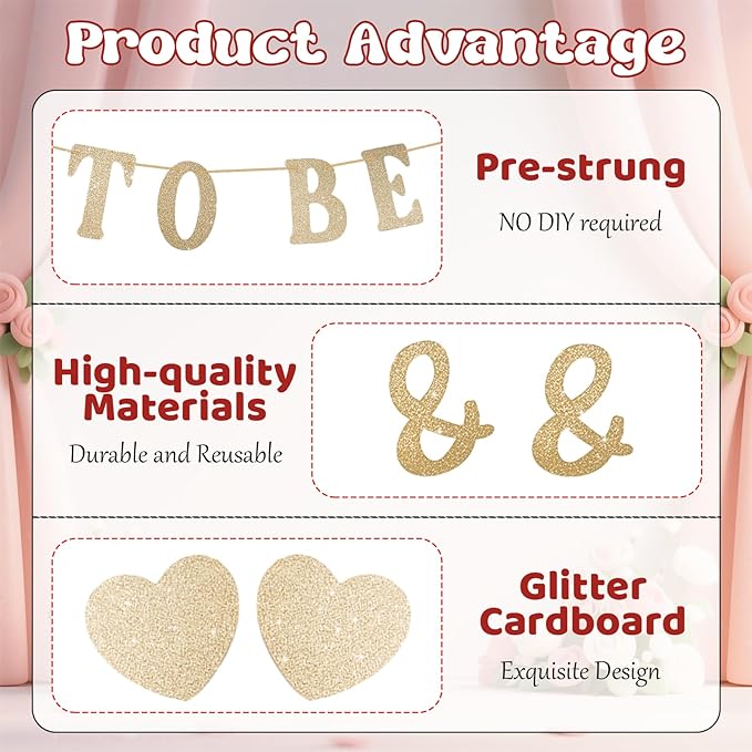 Soon To Be Mr & Mrs Sign Banner For Bridal Shower Decorations, Pre-strung Gold Glitter Wedding Shower Decorations For Home Party, Engagement Banner For Bachelorette Couples Shower
