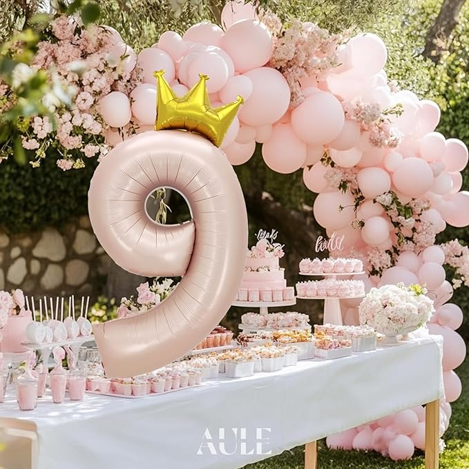 AULE 40 Inch Big Pink 9 Balloon Number with Crown Large Foil Helium Number Balloons 0-9 Jumbo Giant Happy 9th Birthday Party Decorations Huge Mylar Anniversary Party Supplies