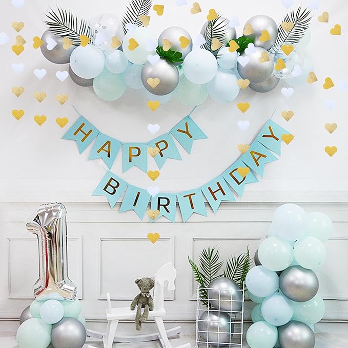 White-Gold Champagne Party-Decorations, 52Ft Glitter Hearts Garlands, Hanging Paper Streamer Banner for Bachelorette Wedding Birthday Graduation Neutral Baby Bridal Shower Valentines Day Decor