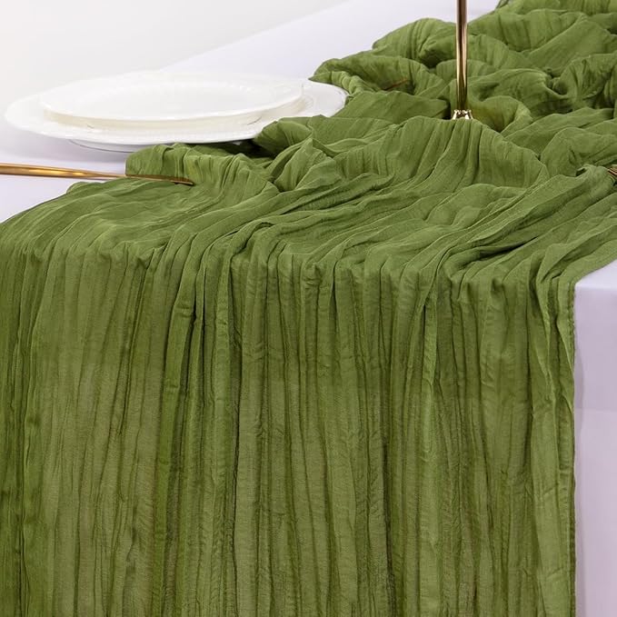 Socomi Campsite Green Easter Spring Cheesecloth Table Runner Boho Rustic Gauze 120 inch 10FT Cheese Cloth Runner for Wedding Party Baby Shower Birthday Home Decor Holiday Decorations