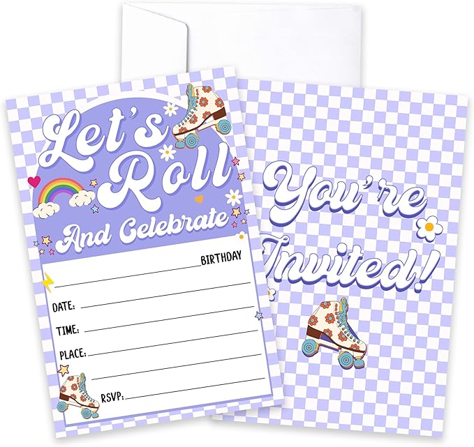 CLIRBE Let's Roll Birthday Party Invitations, Purple Birthday Invitations For Brother Bro Teen Boys Girls, 20 Invites Cards With 20 Envelopes, Party Supplies Favors -H08