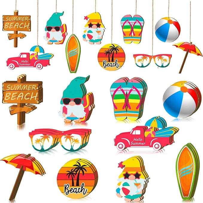 Chunful 30 Pieces Summer Tree Ornaments Christmas in July Wood Hanging Decoration Beach Wooden Slices Winter Tree Ornaments with String for Luau Hawaiian Party Supplies (Beach Style)