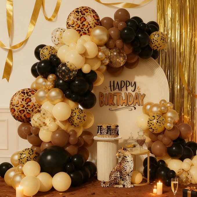 Cheetah Print Balloons Arch Garland Kit 153PCS Black Dark Brown White Latex Balloons with Leopard Animal Foil Balloons for Cheetah Print Safari Themed Birthday Bachelorette Party Decoration