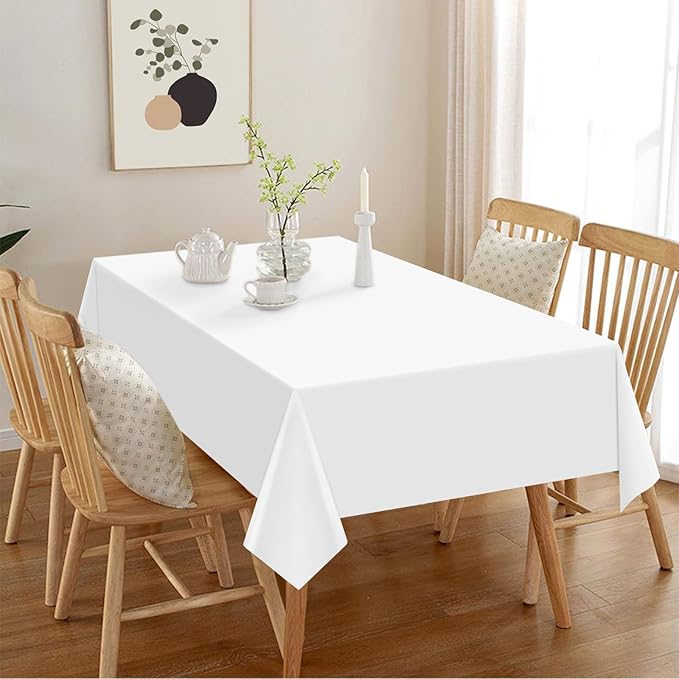 Hxezoc White Disposable Plastic Tablecloth, 54 x 108 Inches Waterproof Table Cover for Wedding Birthday Party Baby Shower Decorations Outdoor Indoor Party Supplies