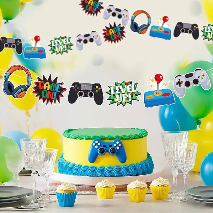 Video Game Happy Birthday Banner - Game On Controllers GamePad Birthday Decorations Party Decor Supplies for Kids, Boys, Girls, Baby Showers