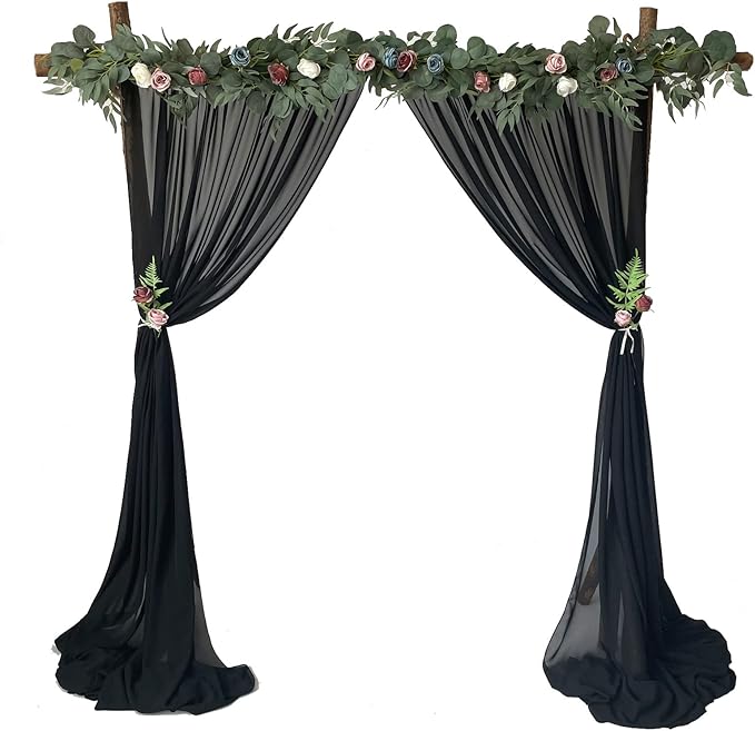 EHLDekol Sheer Chiffon Backdrop Curtains 10ft x 10ft (5ft x 2Panels)，Chiffon Fabric Drapes for Wedding, Long Sheer Curtain for Living Room, Arch Party Stage Decoration (Black, 120 x 120 Inch)