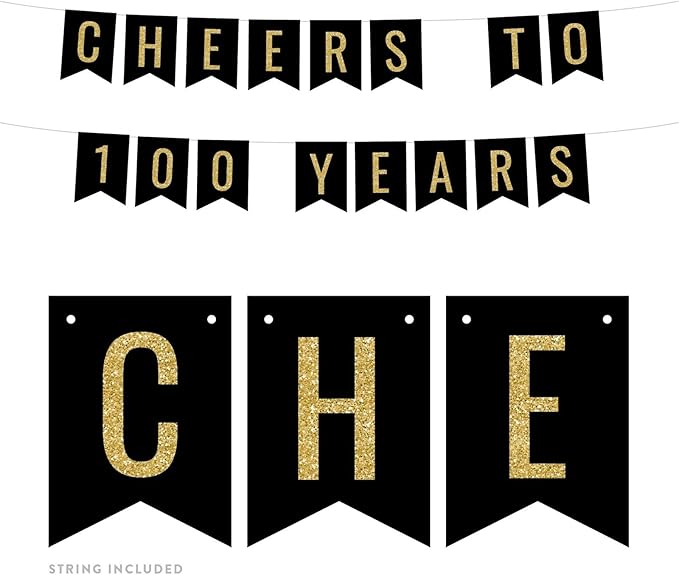 Andaz Press Faux Gold Glitter on Black Birthday Party Banner Decorations, Cheers to 100 Years, Approx 5-Feet, 1-Set, 100th Birthday Milestone Colored Hanging Pennant Decor