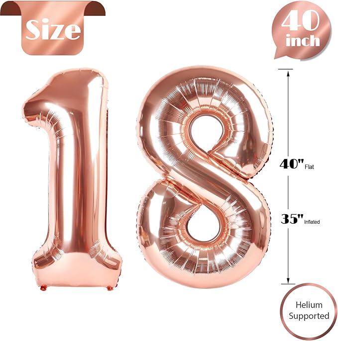 18 Balloon Number, Rose Gold Number 18th Birthday Balloons 40 Inch, 18 Years Old Rose Gold Birthday Decorations for Boys Girls, 18th Anniversary Decorations
