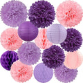 Pink Purple Paper Flowers Tissue Pom Poms Honeycomb Lanterns 15pcs Party Decorations Lavender Birthday Wedding Baby Bridal Shower Lilac Valentines Mothers Day Hanging Supplies Mprocherify