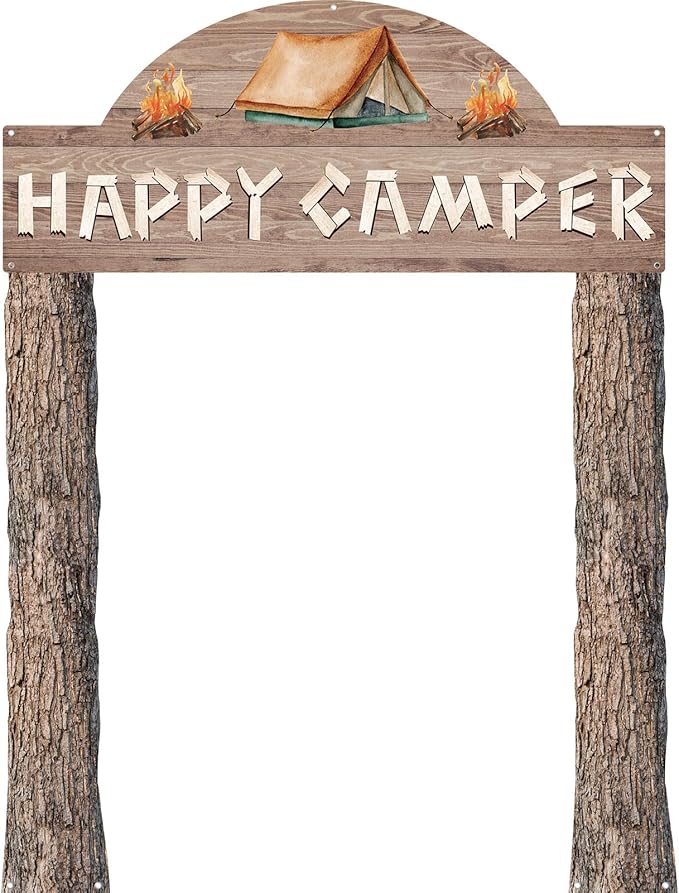 Peryiter 3 Pcs Camping Themed Party Decorations Banner Welcome Porch Sign with 1 Double Sided Tape for Summer Camp Birthday Hawaii Baby Shower Themed Party Activity Decor Door(Happy Camper)