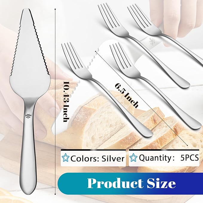 1 Pcs Cake Pie Server and 4 Forks Set for Wedding, Elegant Pizza Slicer Server Set with Stainless Steel Big Serrated Edges, Cake Cutter Pie Spatula for Birthday Anniversary, Silver