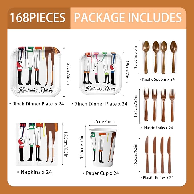 168Pcs Derby Day Plates Napkins Derby Party Supplies Paper Cups Disposable Tableware Set Horse Racing Party Decorations Serve 24 Guests