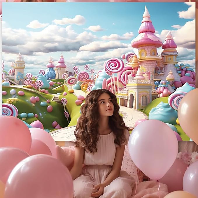 7x5ft Candyland Backdrop Fantasy Sweet Candy Castle Cream Photography Background Candyland Theme Boys Girls Birthday Party Decorations Banner Photo Studio Props