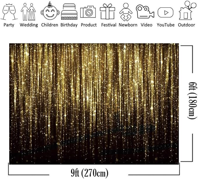 9x6FT Golden Streamer Flash Party Photo Backdrop Black Gold Backdrop for Adult Kids Baby Shower Decor Supplies Photography Background