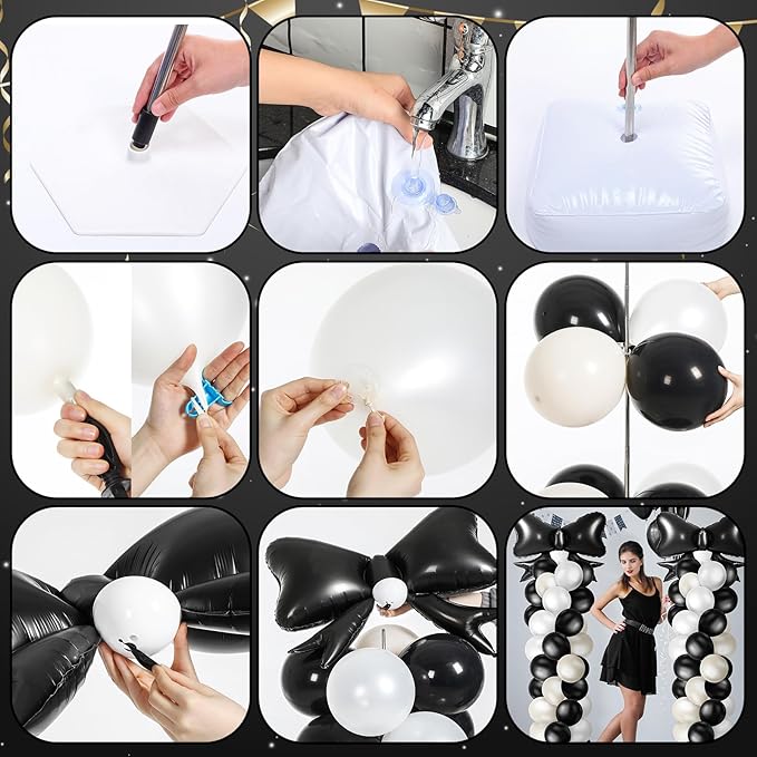 Kasyat 2 Sets Black Bow Balloon Column Stand Kit with 2 Black Bow Foil Balloons 100 Latex Balloons, Adjustable Stands Black and White Balloon Garland Arch for Bridal Princess Birthday Coquette Party