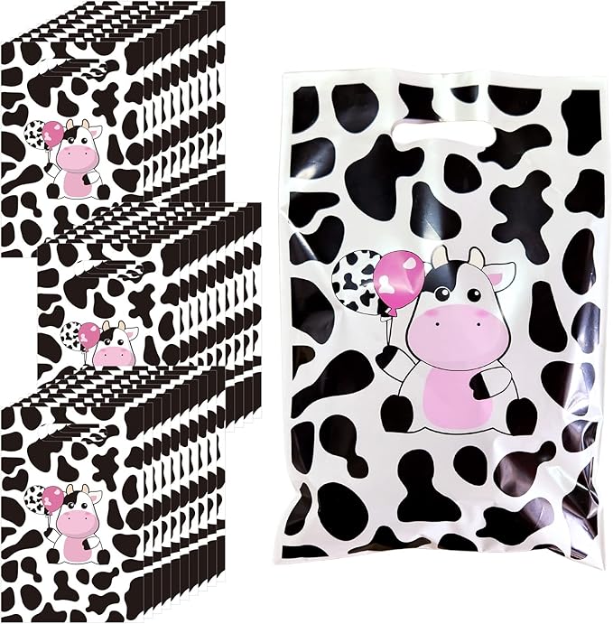 Rainmae 50 Pcs Cow Print Party Favors Bags, Cute Cow Goodie Gift Bags Treat Candy Bags, Farm Animal Theme Goodie Party Gift Bags for Baby Shower Barnyard Cowboy Cowgirl Farmhouse Themed Birthday