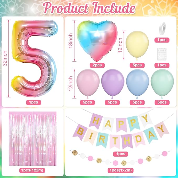 5th Birthday Decorations Rainbow,Gradient Number 5 Balloon,Pastel Happy Birthday Banner Fringe Curtain Heart Foil Balloons Boys Girls 5 Year Old Decor
