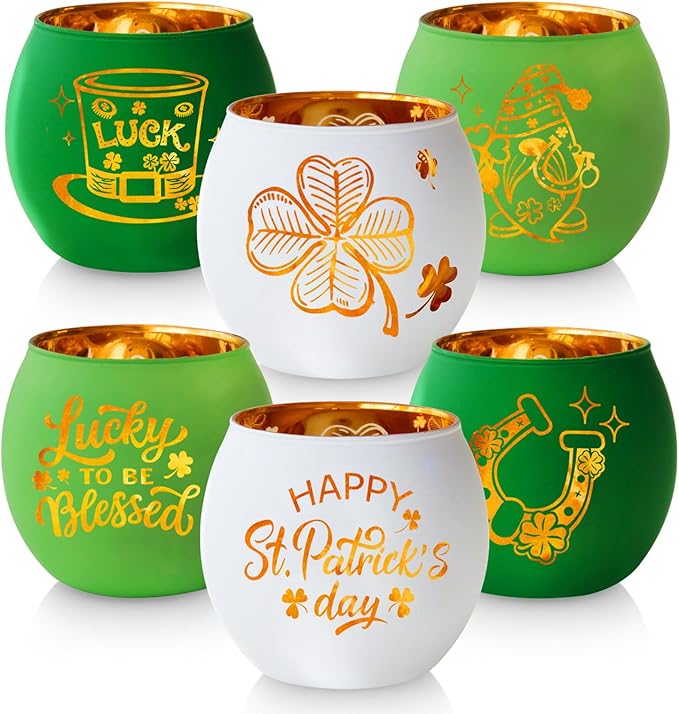 SHMILMH St. Patrick's Day Candle Holders 6PCS St Patricks Day Shamrocks Decorations for Table Centerpiece, Glass Votive Tealight Holders for Home Decor Party Decorations