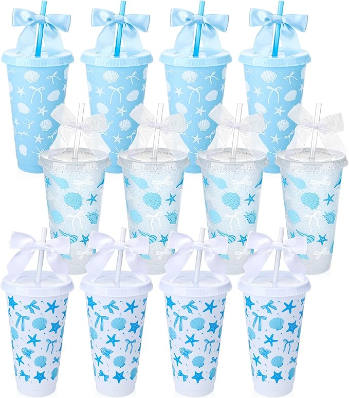 12 Pcs Bow Cups with Lids and Straws and Straw Caps 24 oz Reusable Drinking Cups Bulk for Birthday Wedding Baby Shower Bridal Shower Party Favors