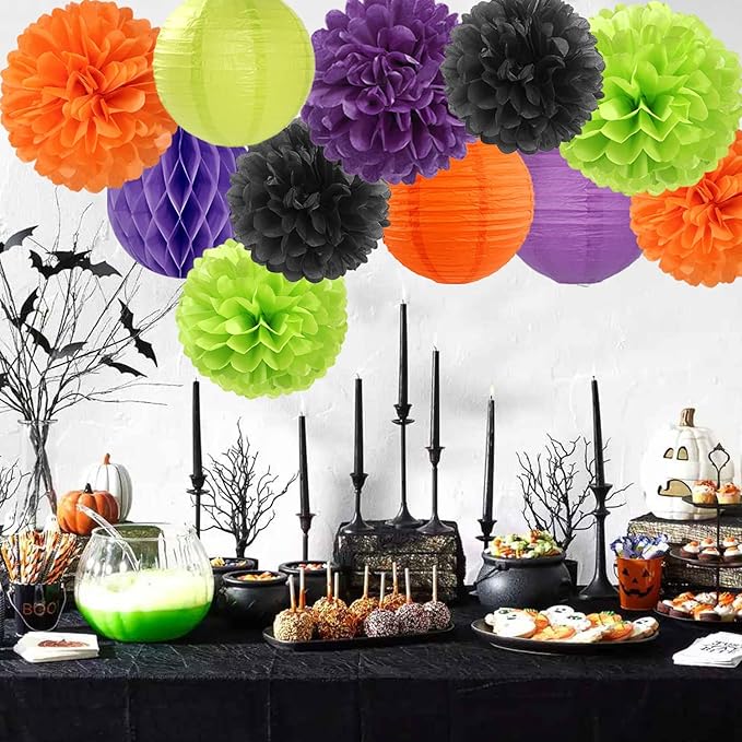 Orange Black Green Purple Paper Flowers Tissue Pom Poms Honeycomb Lanterns 15pcs Party Decorations Halloween Birthday Wedding Baby Bridal Shower Bachelorette Hanging Supplies Mprocherify