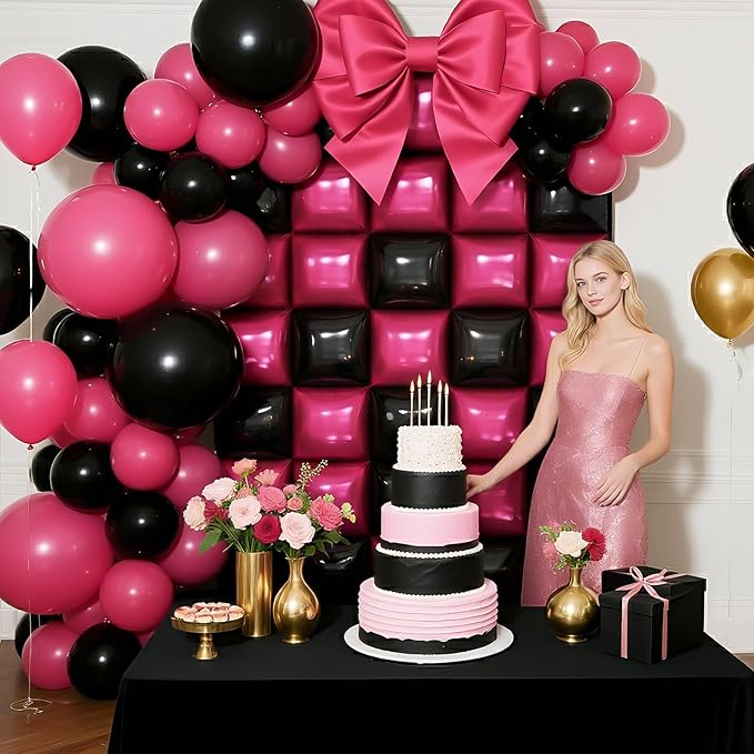 Pink and Black Square Foil Balloons Wall, Double Sided Chrome Hot Pink Black Balloons Tunnel Arch Kit Backdrop for Girl Birthday Party Wedding Engagement DIY Hula Hoop Decorations