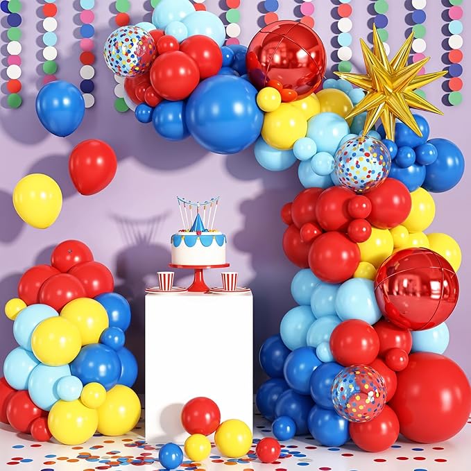 Red Blue Yellow Balloon Arch Garland Kit with Gold Star Foil Balloons Red 4D Round Ball Balloons for Birthday Party Carnival Circus Theme Decorations