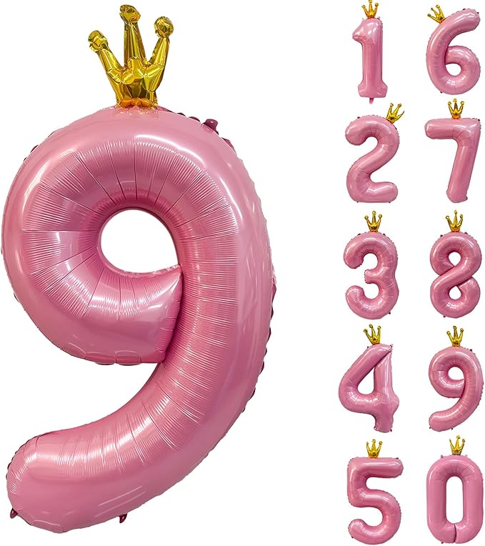 40 inch Pink Number 9 Balloon with Crown, Pink Crown Balloons 0-9 for 9th Birthday Party Anniversary Decorations Supplies