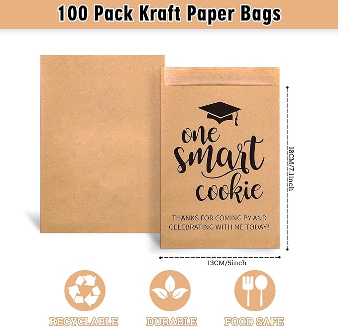 Whaline 100 Pack Graduation Candy Cookie Gift Bags One Smart Cookie Self-Adhesive Buffet Treat Bag Congrats Grad Kraft Paper Treat Gift Bags for Graduation Party Decoration Supplies