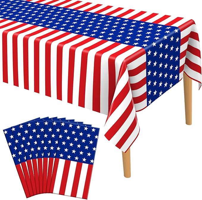 4th of July Tablecloth, Patriotic Plastic Tablecloths 54"x108", Fourth of July Table Decorations Red White and Blue American Table Covers 8 Pack, Patriotic Decorations Memorial Day Party Supplies