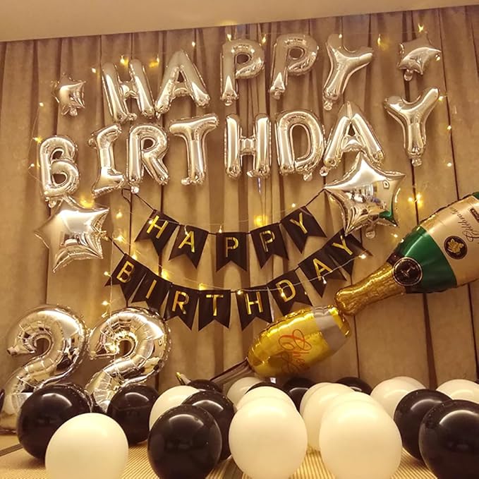 KALOR Silver and Black Happy Birthday Balloons Kit with 16 Inch Mylar Foil Letters Balloon and Star Balloons for Birthday Party Decorations Photo Booth Backdrop