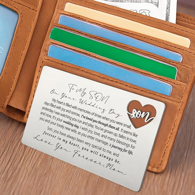 YODOCAMP To My Son on Your Wedding Day Wallet Insert, Stainless Steel Laser-Engraved Postcard with Heart Cutout from Mom, Sentimental Wedding Gift for Son, Pocket Keepsake with Loving Message QBK03