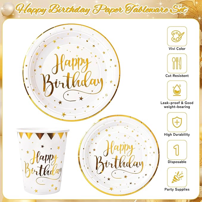 White and Gold Happy Birthday Party Plates Set, 168PCS Stars Dots Paper Plates Napkins Cups and Gold Cutlery Set, 24 Set Disposable Tableware Set for Birthday Party Decorations